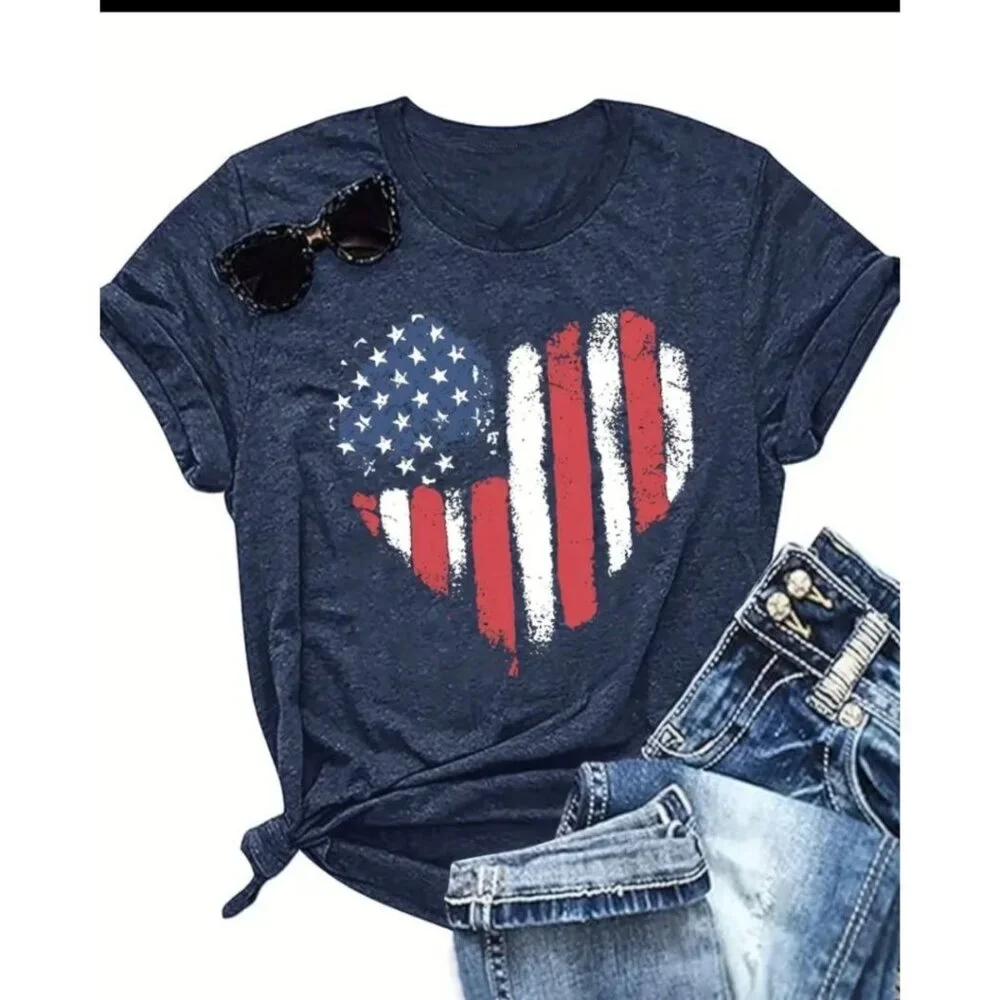 Women's Navy Blue Patriotic Flag Tee in Sizes S-M-L-XL-XXL - Picture 1 of 3